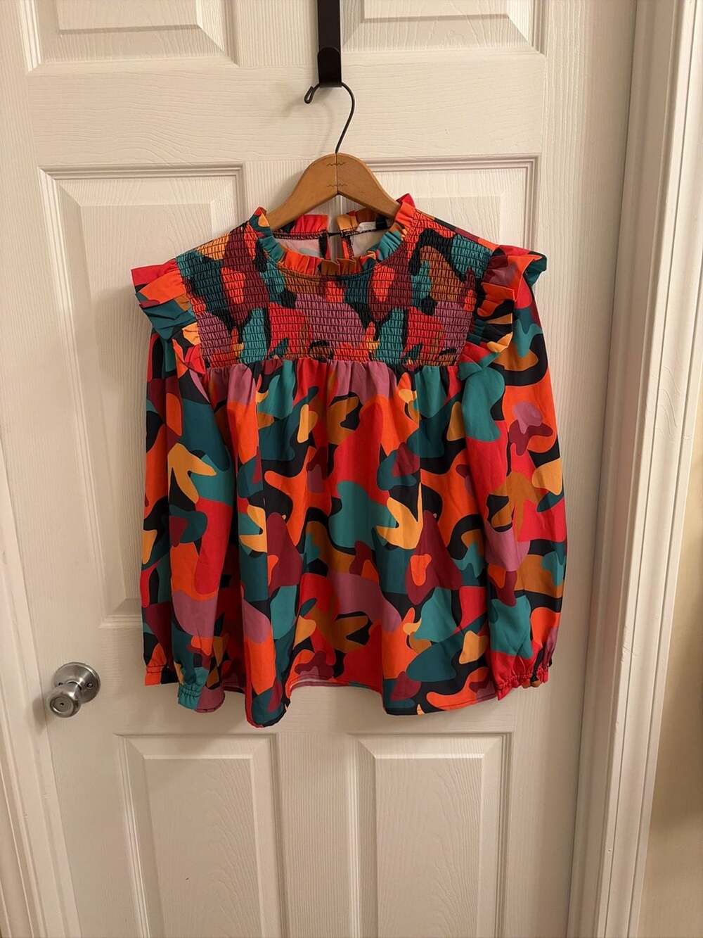 Michelle McDowell McKenna Abstract Print Smocked Neck Ruffle Blouse